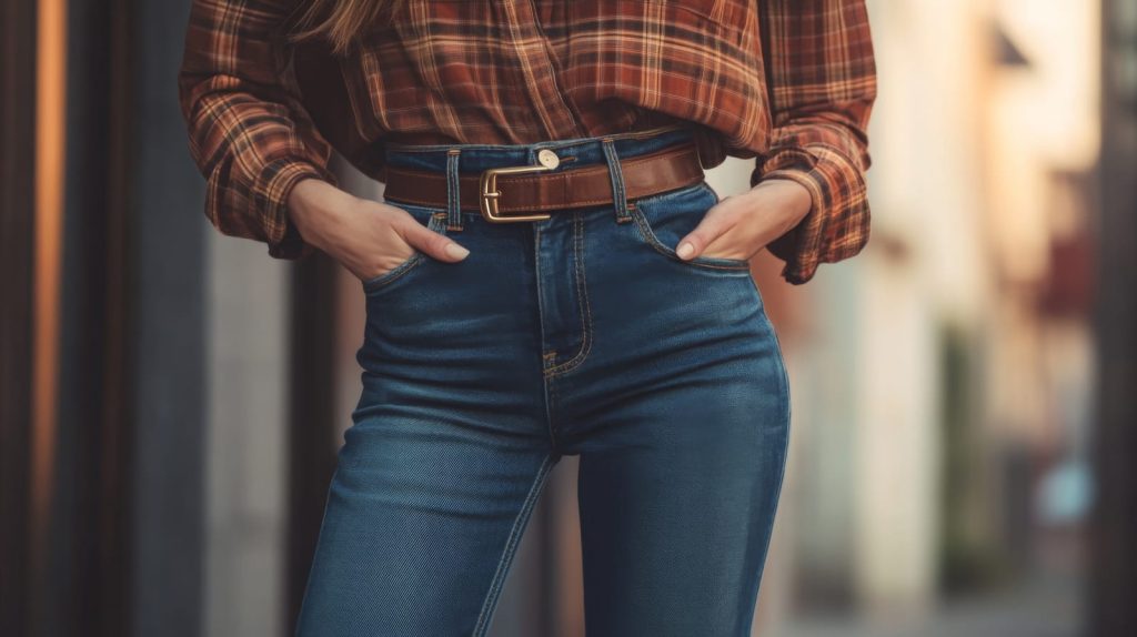 Busto di una donna che indossa jeans a vita alta